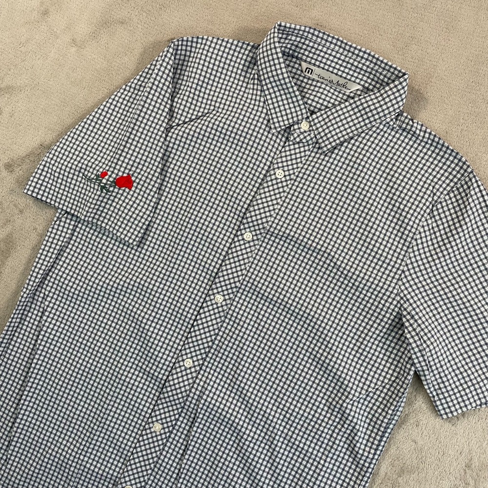 Travis Mathew Performance Shirt Men Large Blue Plaid Rose Embroidered Logo NWOT